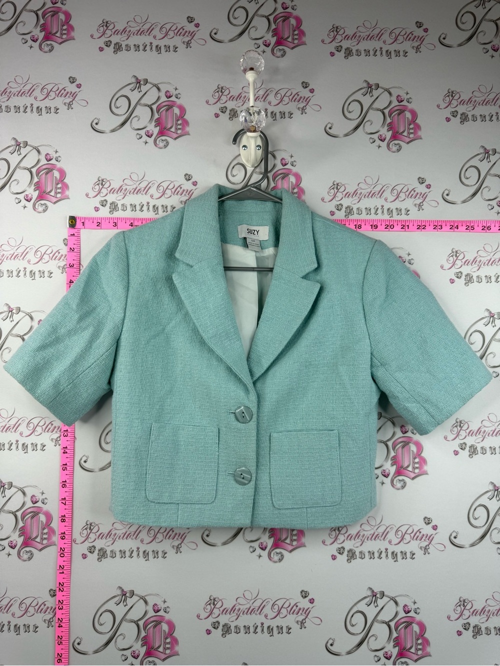 Suzy Shier blazer T-shirt style blue Mint Green Cropped Blazer button up